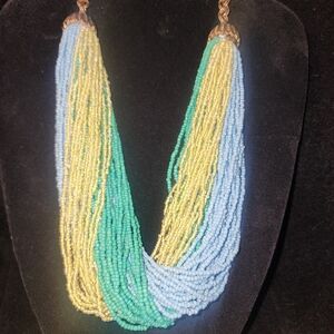Vintage Sequin Jewelry (Brand) Seed Bead Necklace In Blue, Yellow, And Green